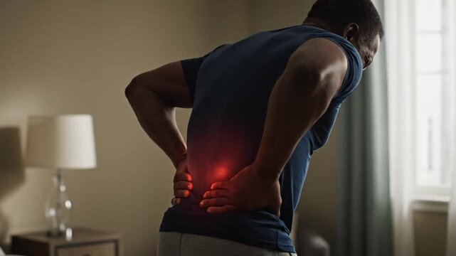 Man Suffering from Lower Back Pain Holding His Back with Both Hands in Interior Room Pain Points Highlighted in Red Health Awareness Campaign Soreness and Discomfort