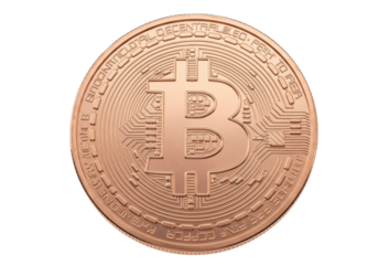 Isolated shiny Bitcoin coin, close-up representation of virtual currency, electronic money, digital