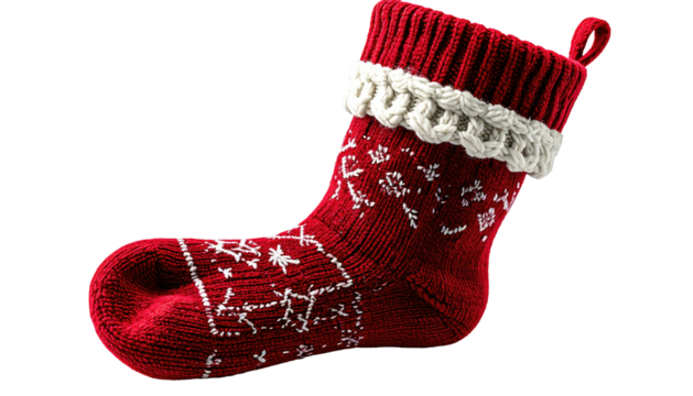 Red Knitted Christmas Stocking with Snowflake and Reindeer Pattern.