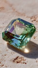A stunning emerald cut gemstone glistens in the sunlight, its facets reflecting vibrant hues of green, blue, and purple atop a textured stone surface so brilliantly.
