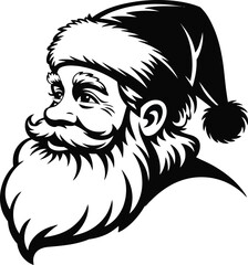 Detailed santa claus head illustration with beard and hat on transparent background silhouette