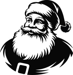 Vintage santa claus face with beard and hat black and white silhouette on transparent background