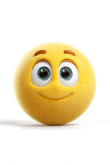 Fototapeta premium A cheerful yellow emoji with large blue eyes and a friendly smile on a white background