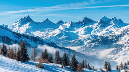 Snowy Alps Mountain Range Under Bright Blue Sky Showcasing Scenic Vista of Winter Wonderland Scenery and White Horizon in Pristine Environment