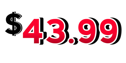 Red price tag $43.99 dollars sign symbol on transparent background. Perfect for advertising, sale banners, product promotion, discount labels, and e-commerce graphics design elements.