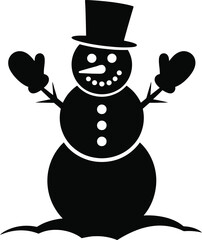 Charming black snowman with top hat and mittens on transparent background silhouette