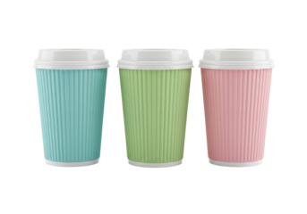 Three colorful ribbed coffee cups with lids isolated, green blue and pink paper cups for hot drinks on a clean background