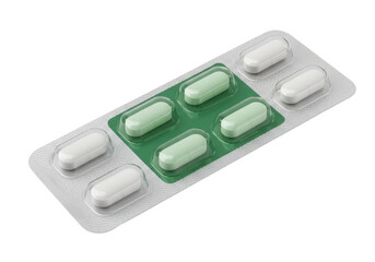 Pills in blister pack isolated, green and white capsules for healthcare and pharmaceutical industry, medication for treatment