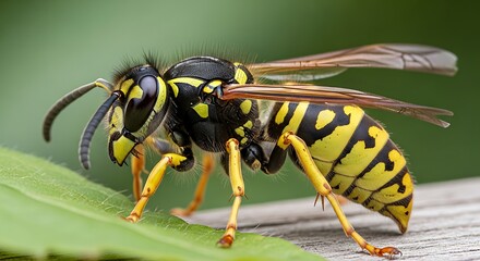 Close Up Yellow Black Wasp on Green Leaf in Nature