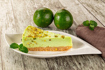 Green pistachio cheesecake served mint