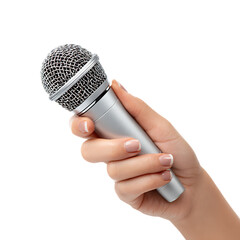 Hand holding a silver microphone isolated on transparent background