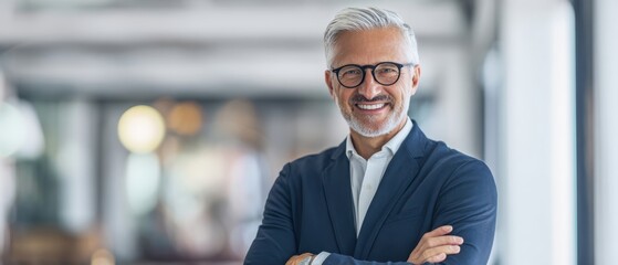 The confident businessman smiling warmly in a modern office environment.