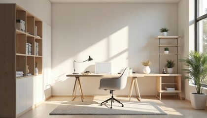 Bright minimalist home office with a wooden desk and ergonomic chair. Sunlight streams through the window illuminating a clean workspace with shelves, laptop, and plants.