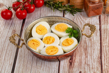 Boiled chicken eggs with bright yolk