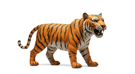 Obraz premium Tiger zodiac statue, fierce expression, standing on a white background, copy space