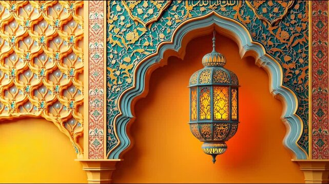 An ornate, glowing lantern hangs in a decorative Islamic arch against a vibrant orange wall with intricate patterns.