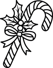 Festive candy cane with holly and bow illustration on transparent background silhouette