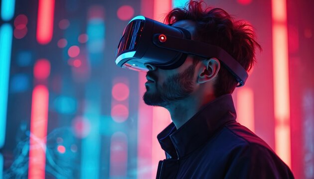 Man wearing VR headset immersed in digital world. Neon lights glow in background. Future tech for gaming, learning, and virtual experiences. - Powered by Adobe