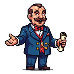Cartoon man in suit with scroll and open hand gesture.