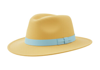 Isolated fashionable straw fedora hat with light blue ribbon summer headwear apparel stylish