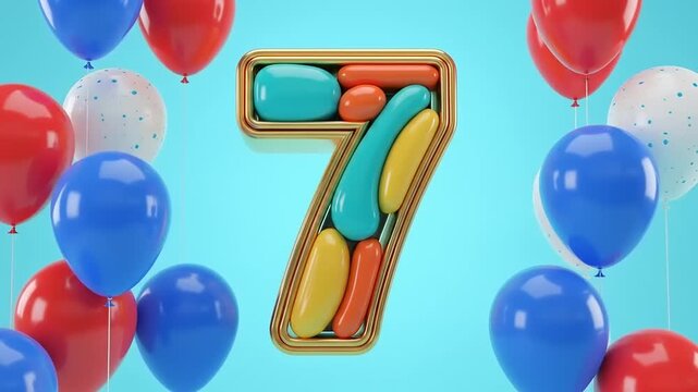 Colorful number seven surrounded by festive balloons, creating a cheerful celebration atmosphere