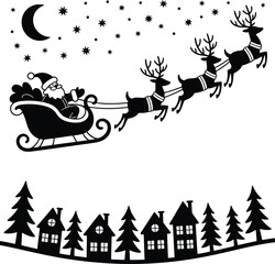 Santa claus and reindeer flying over a town silhouette on transparent background