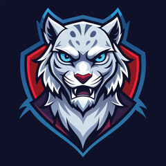 Obraz premium Fierce White Snow Leopard Head Mascot Logo Design Featuring Glowing Blue Eyes, Sharp Fangs, and Snarling Expression for Competitive Esports Team Emblem on Dark Shield Background 