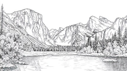 Yosemite Valley Line Drawing - Majestic Mountain Landscape