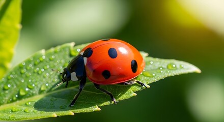 Fototapeta premium Vibrant Red Ladybug with Black Spots on a Dewy Green Leaf.