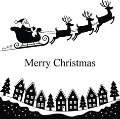 Santa claus and reindeer sleigh flying over winter village silhouette on transparent background