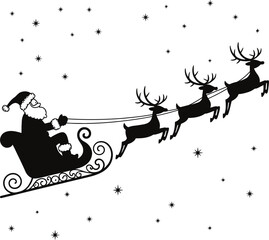 Santa claus and reindeer flying in a sleigh on transparent background silhouette
