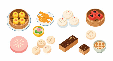 Assorted Chinese dim sum shu mai chicken feet steamed buns cake and other desserts