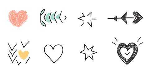 Hand drawn heart shapes, arrow and star doodle icons set with sketchy marker brush stroke style isolated on white background for decoration and design elements collection