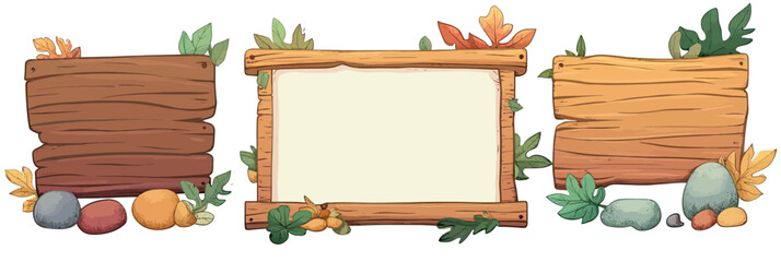 Set of three wooden cartoon signboards with colorful autumn leaves and smooth decorative stones, blank space for text on light background in flat minimalist style vector