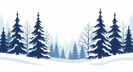 Obraz premium Winter forest scene with dark blue evergreens and lighter blue background trees against a white backdrop