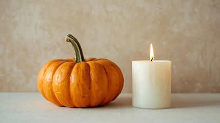 Still life of pumpkin and white candle with melted wax on neutral surface