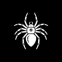 Minimalist white outline of a mechanical spider vector illustration on black background.