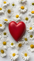 Obraz premium Glossy Red Heart Surrounded by White Daisies – Romantic Flatlay on White Background