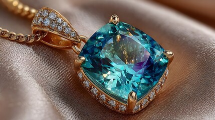 A stunning cushion-cut gemstone pendant with diamond accents shines elegantly, reflecting light on a soft, shimme satin background, showcasing its beauty.