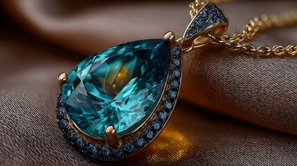 An elegant teardrop shaped pendant featu a large teal gemstone surrounded by tiny blue stones and a gold chain resting on a silky beige fabric backdrop.