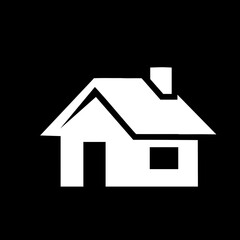 Simple white house icon on black background representing home.