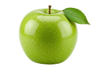 Fresh Granny Smith apple isolated, vibrant green fruit with stem and leaf for healthy eating and...