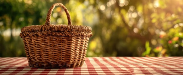 The rustic wicker basket on a checkered tablecloth in a serene outdoor setting.