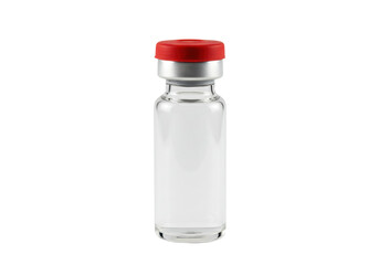 Clear glass medicine vial with red cap isolated, pharmaceutical packaging for vaccine or injectable drug on no background