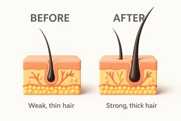 Weak thin hair and strong thick hair comparison with hair follicle and skin cross section illustration showing hair growth improvement