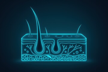 Glowing blue digital illustration of human skin cross section showing hair follicles and layers with futuristic style