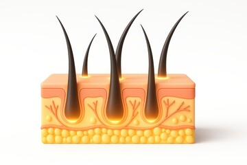 Hair, 3D illustration of human skin cross section showing hair follicles and layers with a glowing effect