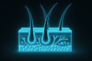 Hair follicle structure glowing in blue light, detailed skin cross section showing hair roots and surrounding tissue in futuristic style