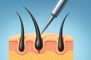 Hair follicle treatment concept with close up of skin and hair strands under medical procedure needle, showing detailed skin layers and hair roots