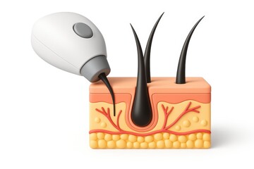 Hair follicle treatment concept with device cleaning hair roots and skin, detailed medical illustration showing hair strands and skin layers